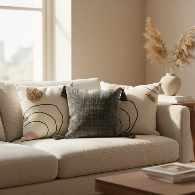 SET DE 3 COJINES DECORATIVOS BOHO ABSTRACTO BEIGE Y GRIS - 1