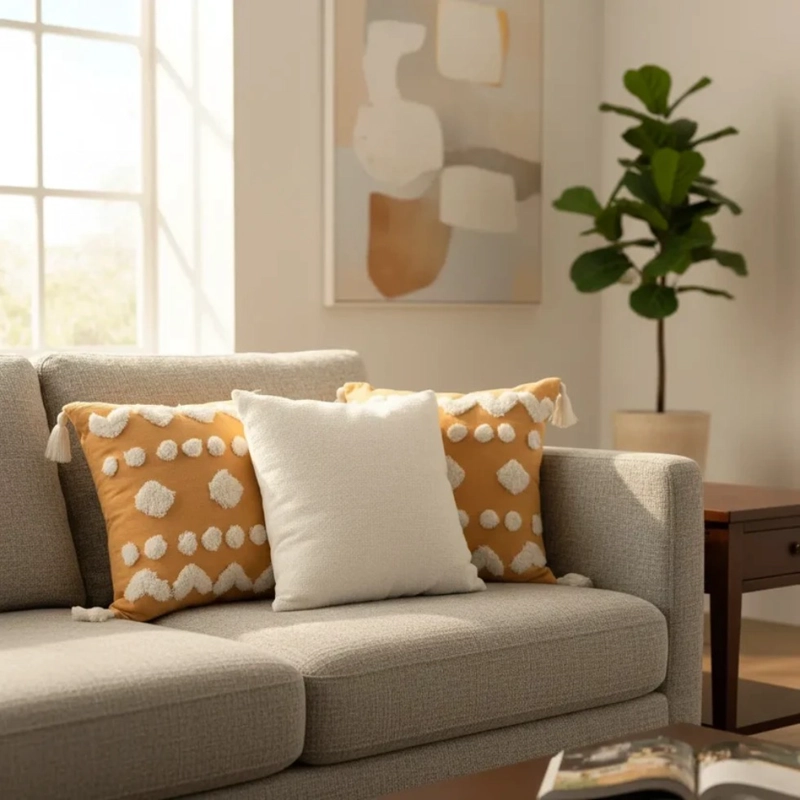 SET DE 3 COJINES DECORATIVOS BOHO ABSTRACTO BEIGE Y GRIS - 3