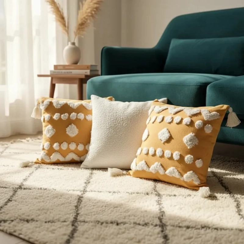 SET DE 3 COJINES DECORATIVOS BOHO AMARILLO Y BLANCO - 1