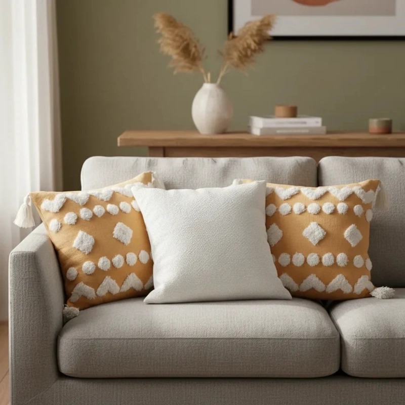 SET DE 3 COJINES DECORATIVOS BOHO AMARILLO Y BLANCO - 3