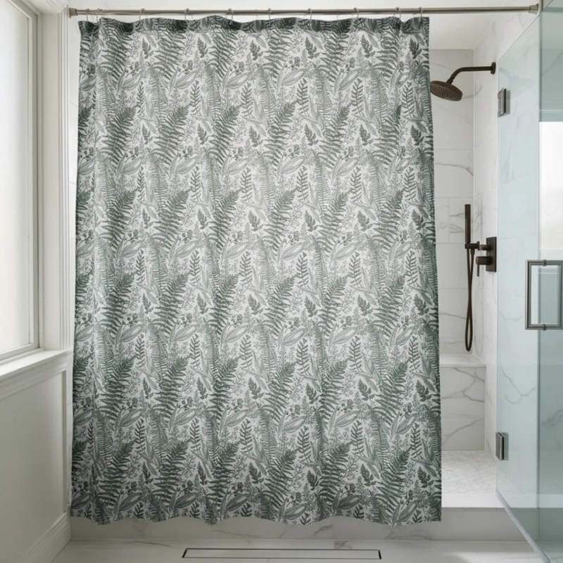 SET CORTINA DE BAÑO DE TELA HELECHOS VERDE CON FORRO, MAGNET - 1