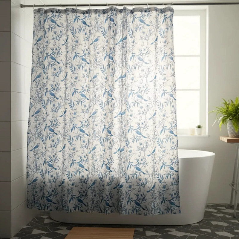 SET CORTINA DE BAÑO DE TELA JARDIN AZUL CON FORRO - 1