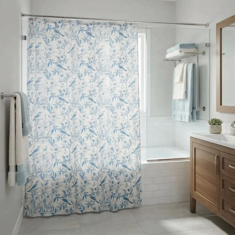 SET CORTINA DE BAÑO DE TELA JARDIN AZUL CON FORRO - 2