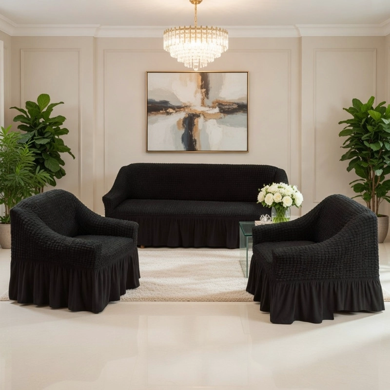 JUEGO DE FUNDAS PARA SOFA Y SILLONES TURCA SET LIVING 1+1+3 ELASTICADA COLOR  NEGRO - 1