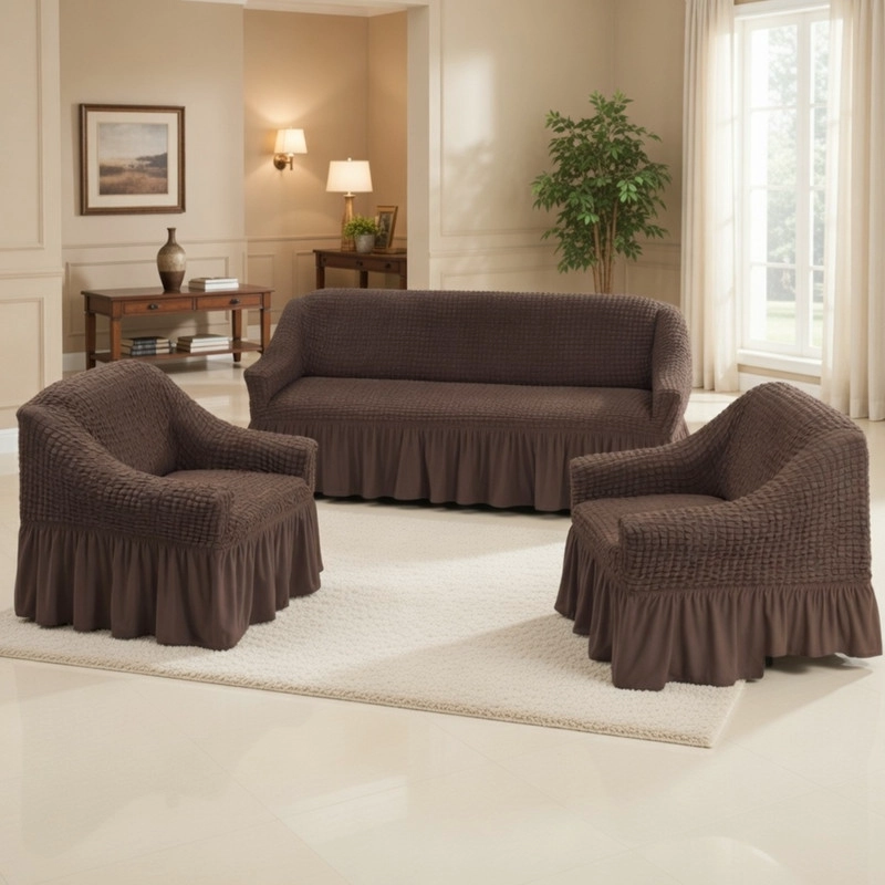 JUEGO DE FUNDAS PARA SOFA Y SILLONES TURCA SET LIVING 1+1+3 ELASTICADA COLOR  CHOCOLATE - 1