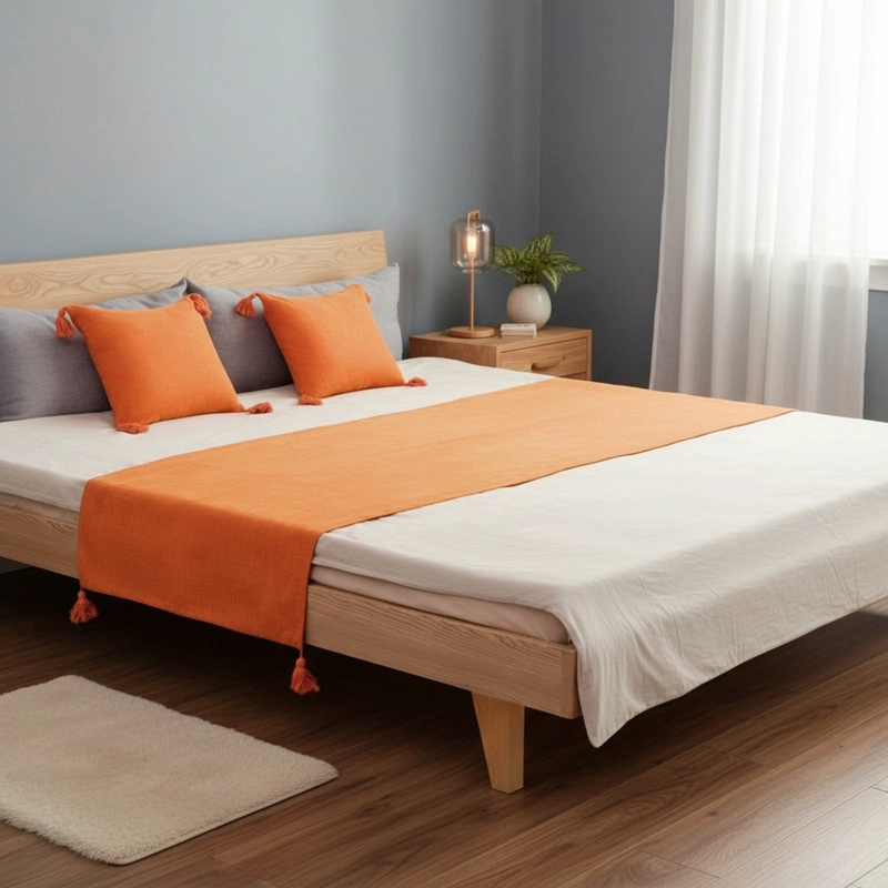 JUEGO DE PIECERA DE LINO CON POMPONES MEDIDA 70X210CM PIE DE CAMA  NARANJA - 1