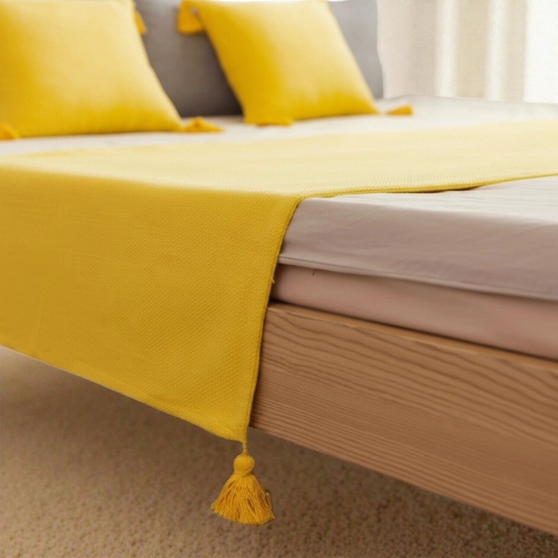 JUEGO DE PIECERA DE LINO CON POMPONES MEDIDA 70X210CM PIE DE CAMA  NARANJA - 6