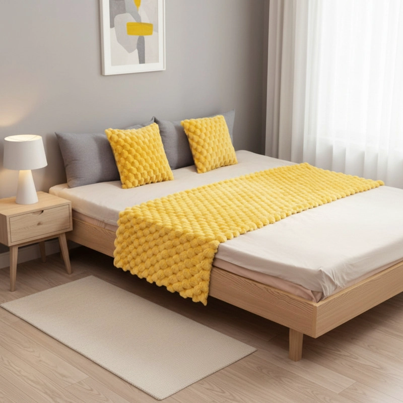 JUEGO DE PIECERA PELUDA TEXTURIZADA MEDIDA 70X190CM PIE DE CAMA AMARILLO - 1