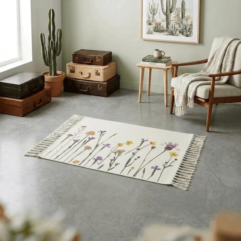 BAJADA DE CAMA KILIM 60CM X 90CM TEJIDAS EN ALGODON CON FLECOS ESTAMPADA - 1