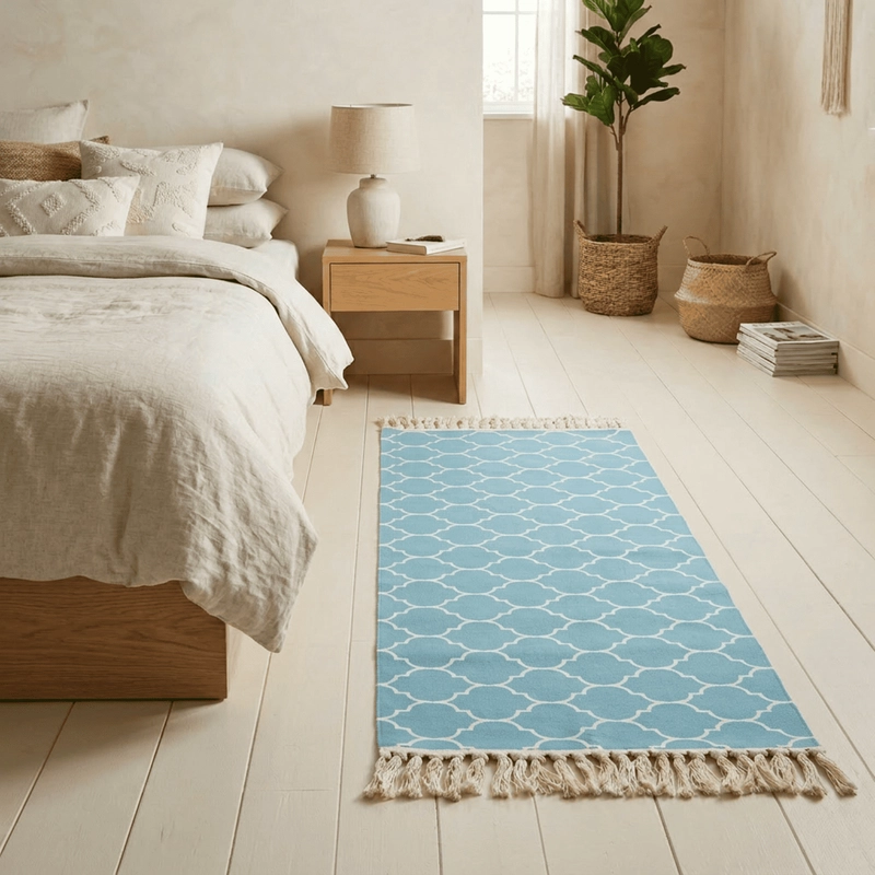 BAJADA DE CAMA KILIM PASILLERA DE 130X60CM EN ALGODON TEJIDA CON FLECOS ESTAMPADA - 1