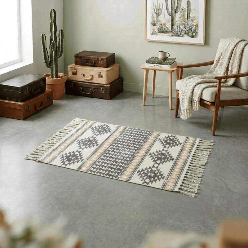 BAJADA DE CAMA KILIM 60CM X 90CM TEJIDAS EN ALGODON CON FLECOS ESTAMPADA - 1