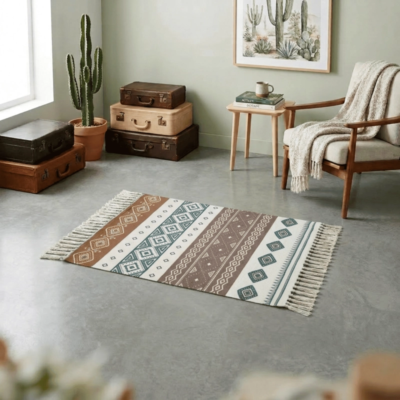 BAJADA DE CAMA KILIM 60CM X 90CM TEJIDAS EN ALGODON CON FLECOS ESTAMPADA - 1