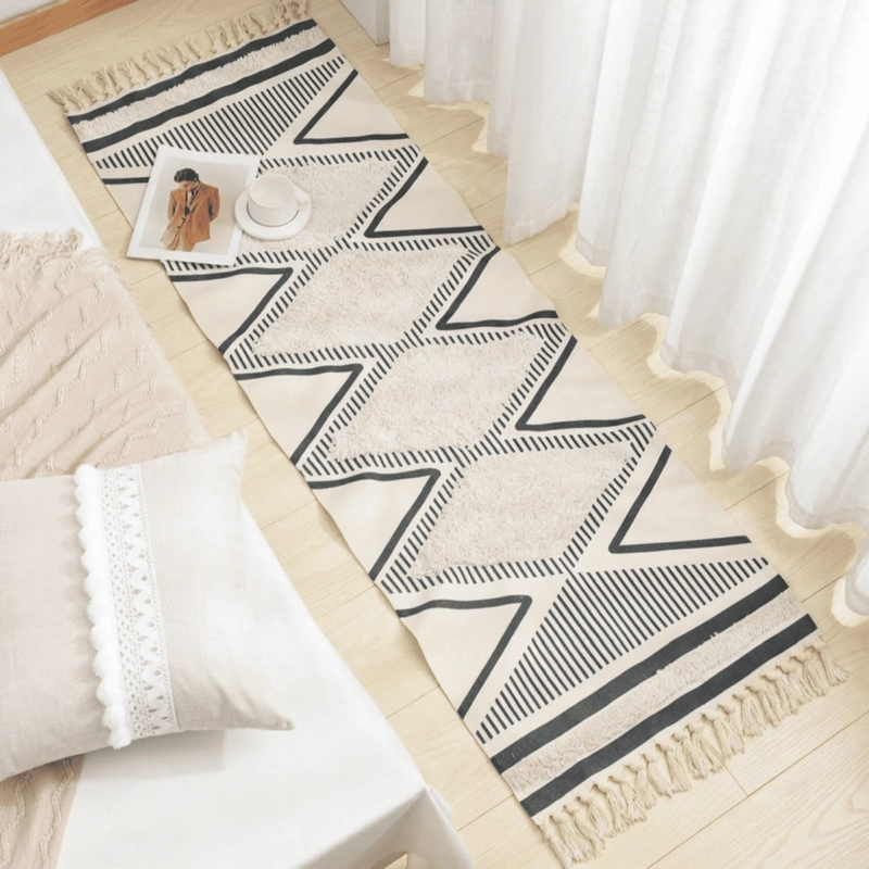 ALFMOBRA PASILLERA BAJA DE CAMA KILIM TEJIDA CON FLECOS BOHO ESTAMPADA 180X60CM - 1