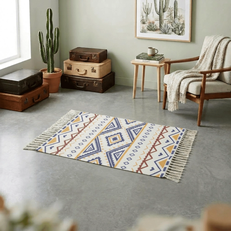 BAJADA DE CAMA KILIM 60CM X 90CM TEJIDAS EN ALGODON CON FLECOS ESTAMPADA - 1