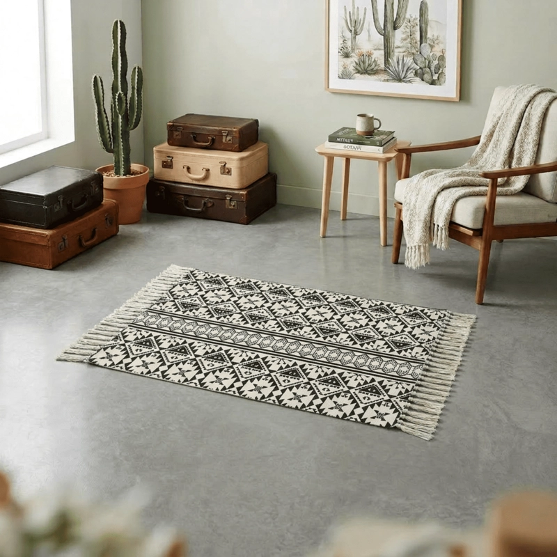 BAJADA DE CAMA KILIM 60CM X 90CM TEJIDAS EN ALGODON CON FLECOS ESTAMPADA - 1