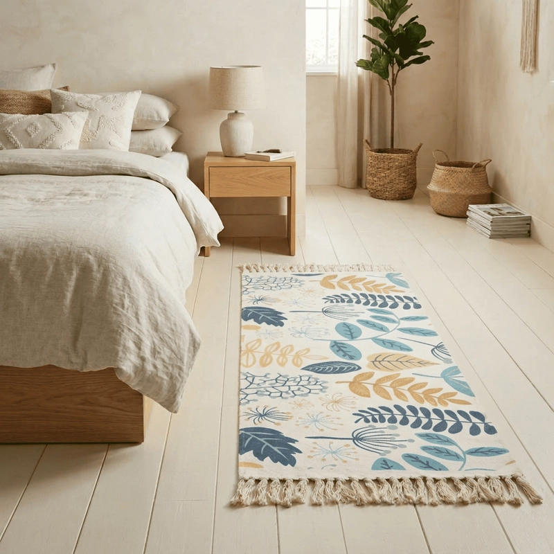 BAJADA DE CAMA KILIM PASILLERA DE 130X60CM EN ALGODON TEJIDA CON FLECOS ESTAMPADA - 1