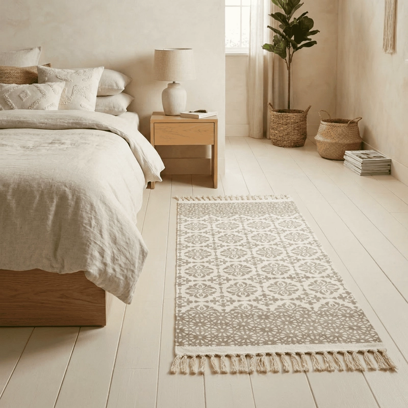 BAJADA DE CAMA KILIM PASILLERA DE 130X60CM EN ALGODON TEJIDA CON FLECOS ESTAMPADA - 1