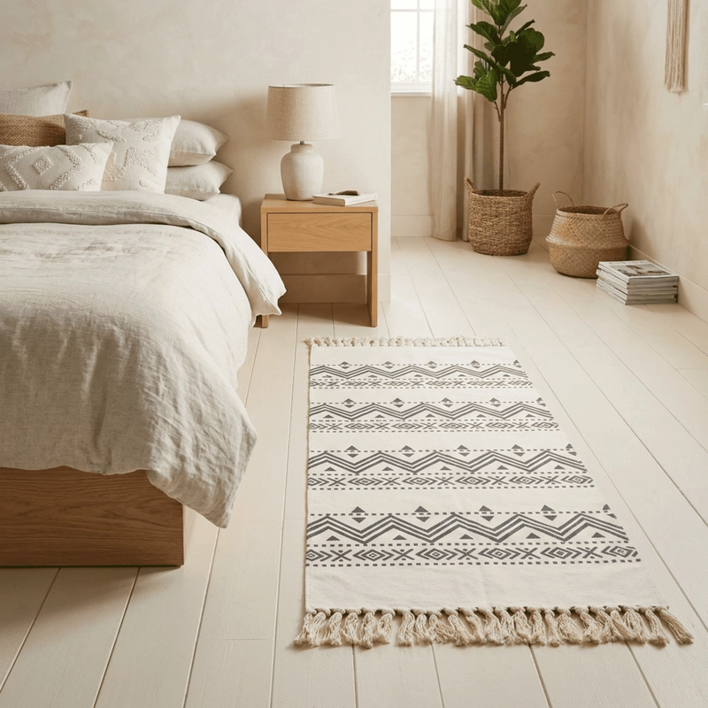 BAJADA DE CAMA KILIM PASILLERA DE 130X60CM EN ALGODON TEJIDA CON FLECOS ESTAMPADA - 1