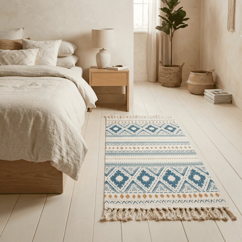 BAJADA DE CAMA KILIM PASILLERA DE 130X60CM EN ALGODON TEJIDA CON FLECOS ESTAMPADA - 1