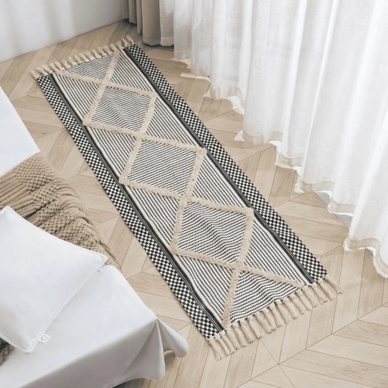 ALFMOBRA PASILLERA BAJA DE CAMA KILIM TEJIDA CON FLECOS BOHO ESTAMPADA 180X60CM - 1