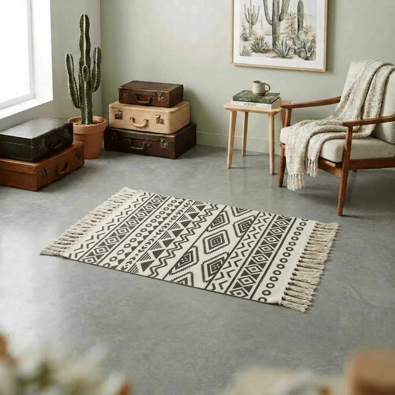 BAJADA DE CAMA KILIM 60CM X 90CM TEJIDAS EN ALGODON CON FLECOS ESTAMPADA - 1
