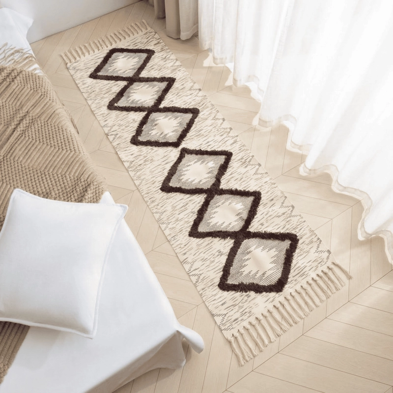 ALFMOBRA PASILLERA BAJA DE CAMA KILIM TEJIDA CON FLECOS BOHO ESTAMPADA 180X60CM - 1