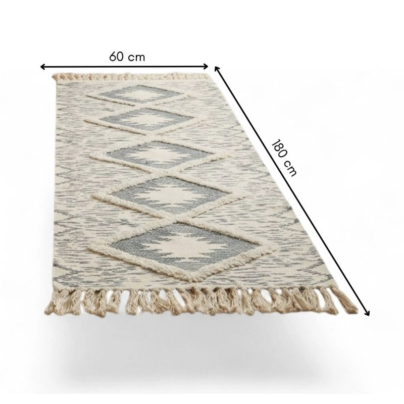 ALFMOBRA PASILLERA BAJA DE CAMA KILIM TEJIDA CON FLECOS BOHO ESTAMPADA 180X60CM - 2