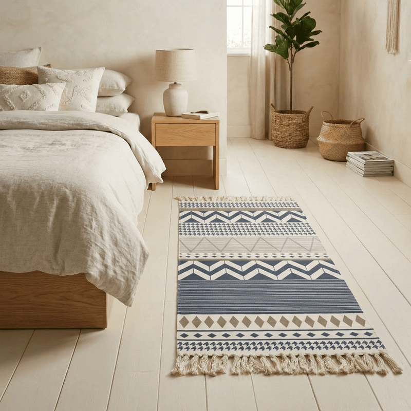BAJADA DE CAMA KILIM PASILLERA DE 130X60CM EN ALGODON TEJIDA CON FLECOS ESTAMPADA - 1