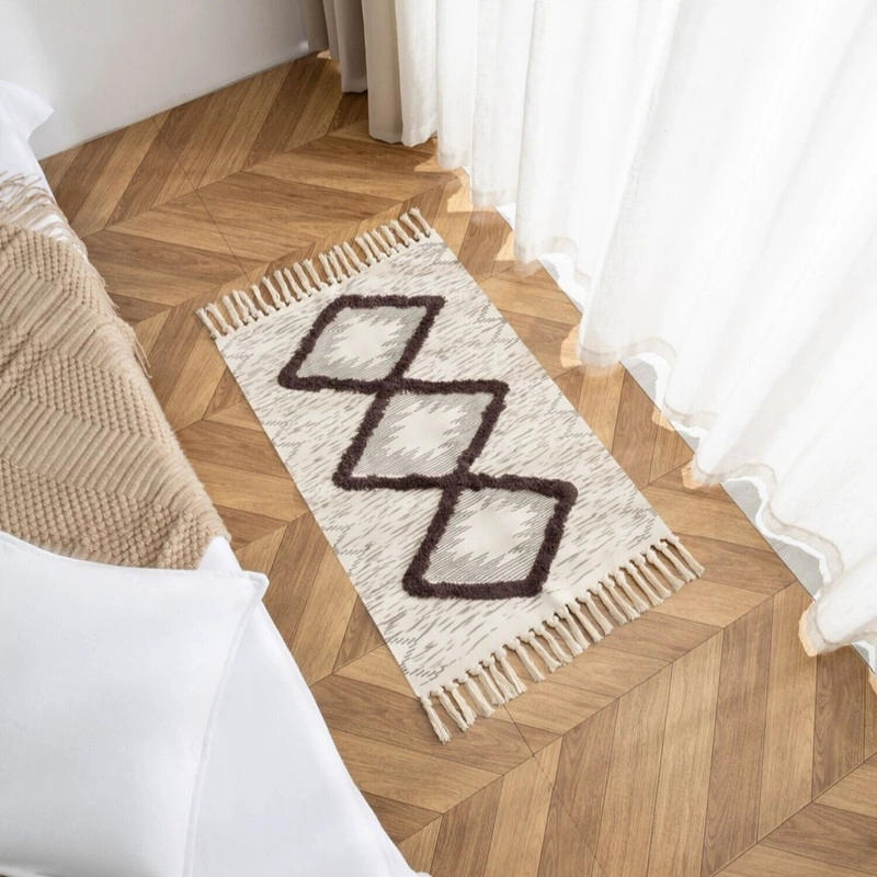 BAJADA DE CAMA KILIM BOHO 60CM X 90CM TEJIDAS EN ALGODON CON FLECOS BORDADA - 1