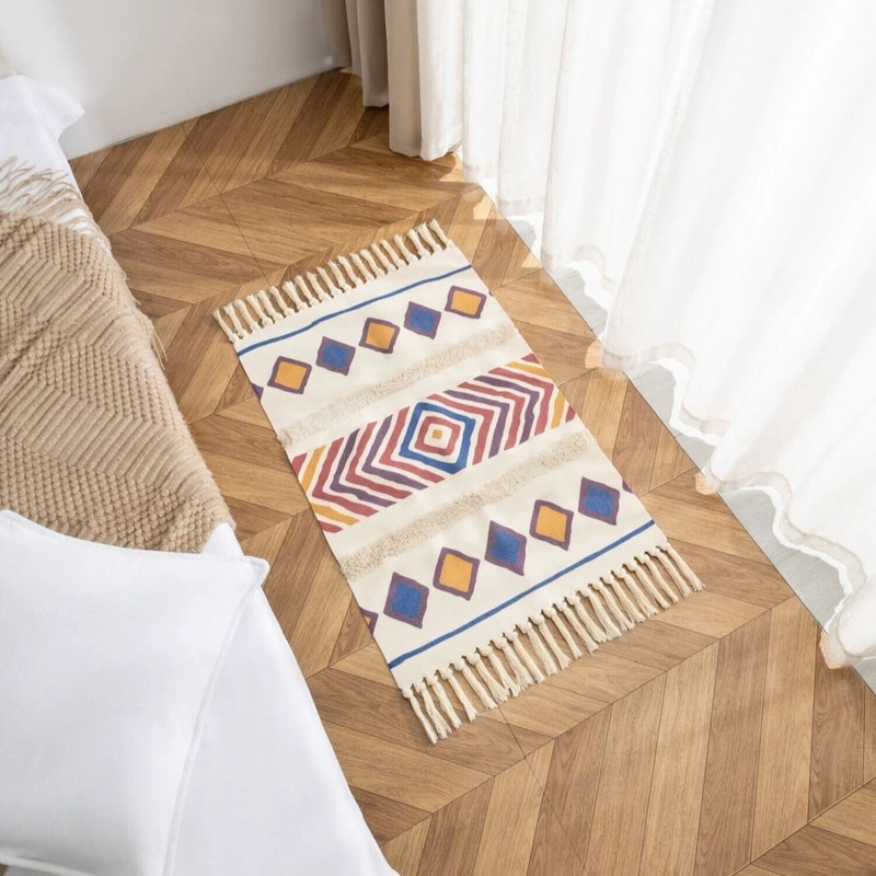 BAJADA DE CAMA KILIM BOHO 60CM X 90CM TEJIDAS EN ALGODON CON FLECOS BORDADA - 1