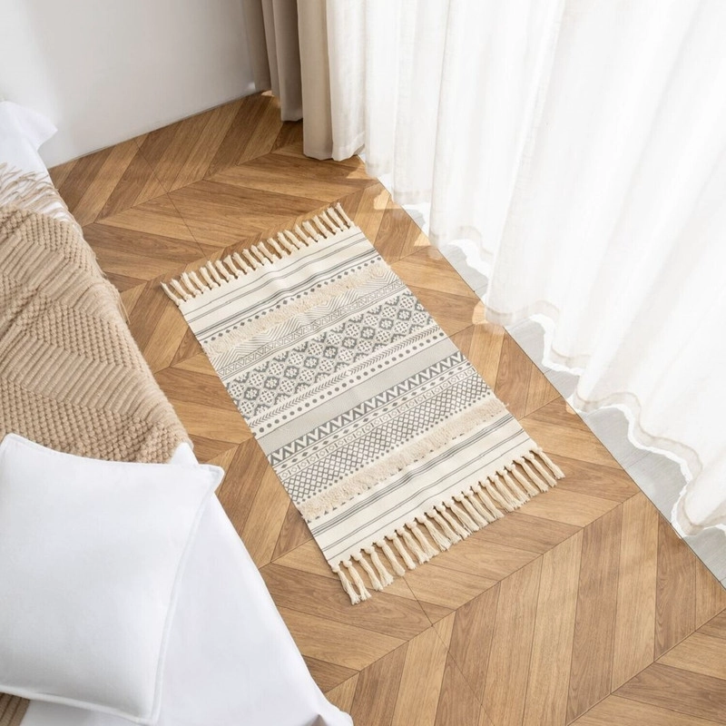 BAJADA DE CAMA KILIM BOHO 60CM X 90CM TEJIDAS EN ALGODON CON FLECOS BORDADA - 1