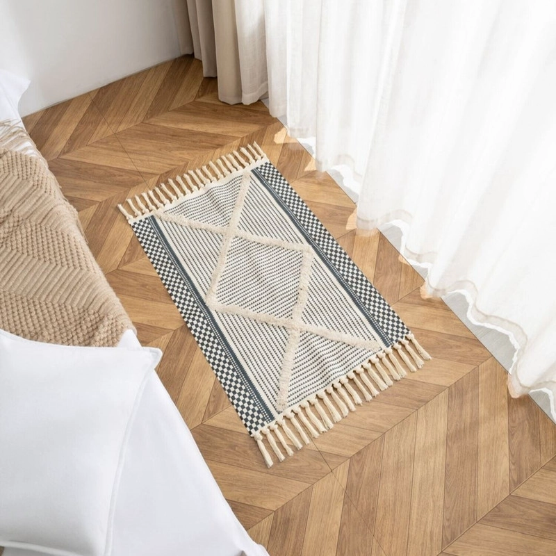 BAJADA DE CAMA KILIM BOHO 60CM X 90CM TEJIDAS EN ALGODON CON FLECOS BORDADA - 1