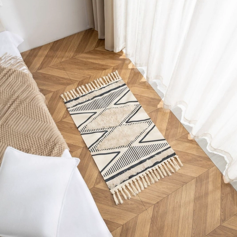 BAJADA DE CAMA KILIM BOHO 60CM X 90CM TEJIDAS EN ALGODON CON FLECOS BORDADA - 1