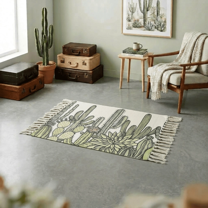 BAJADA DE CAMA KILIM 60CM X 90CM TEJIDAS EN ALGODON CON FLECOS ESTAMPADA - 1