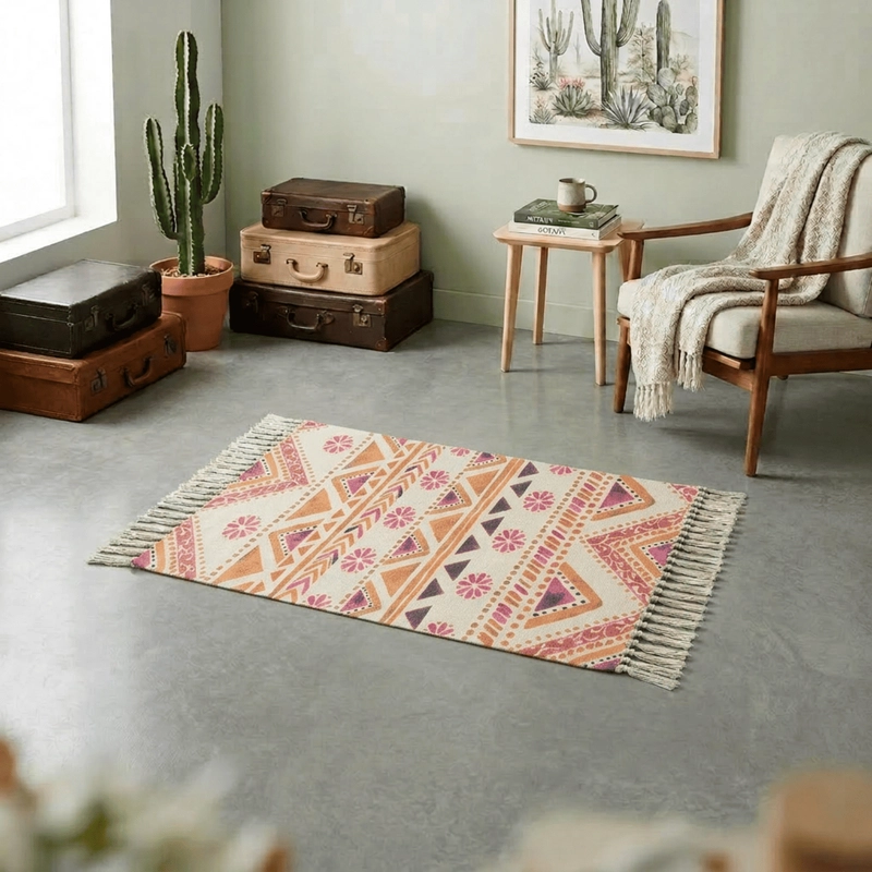 BAJADA DE CAMA KILIM 60CM X 90CM TEJIDAS EN ALGODON CON FLECOS ESTAMPADA - 1