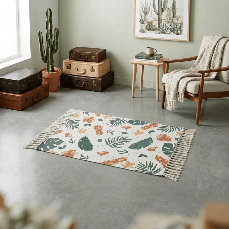 BAJADA DE CAMA KILIM 60CM X 90CM TEJIDAS EN ALGODON CON FLECOS ESTAMPADA - 1