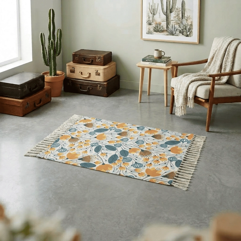 BAJADA DE CAMA KILIM 60CM X 90CM TEJIDAS EN ALGODON CON FLECOS ESTAMPADA - 1