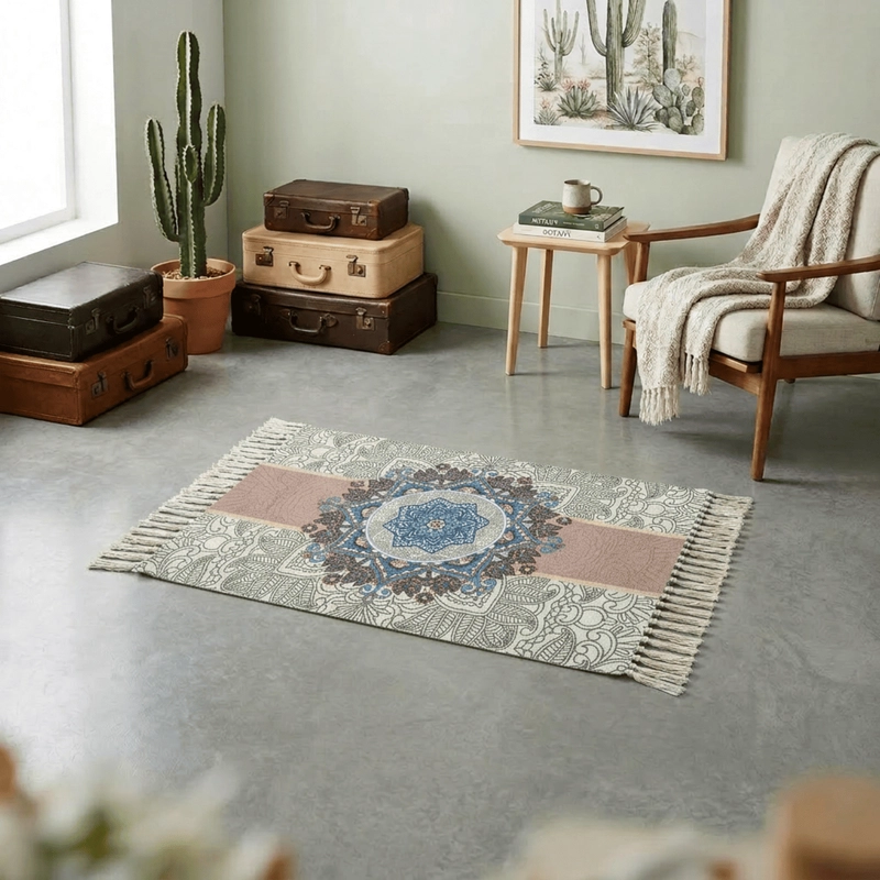 BAJADA DE CAMA KILIM 60CM X 90CM TEJIDAS EN ALGODON CON FLECOS ESTAMPADA - 1