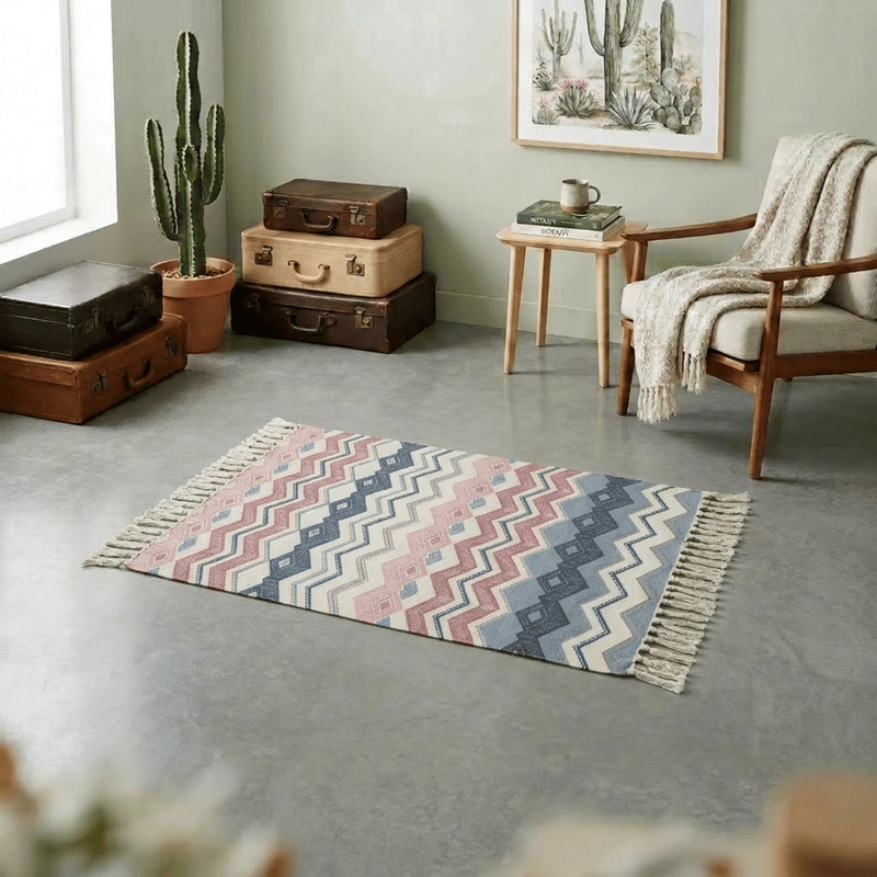BAJADA DE CAMA KILIM 60CM X 90CM TEJIDAS EN ALGODON CON FLECOS ESTAMPADA - 1