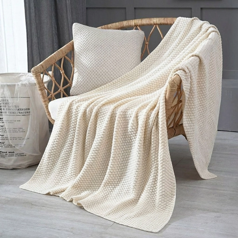 MANTA ESTILO NORDICA TEJIDA FRAZADA DECORATIVA 130X160CM COLOR CREMA - 1