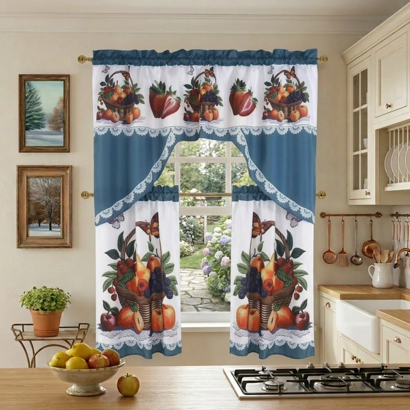 JUEGO DE CORTINAS PARA COCINA ESTAMPADAS PACK DE 3 PIEZAS - 1
