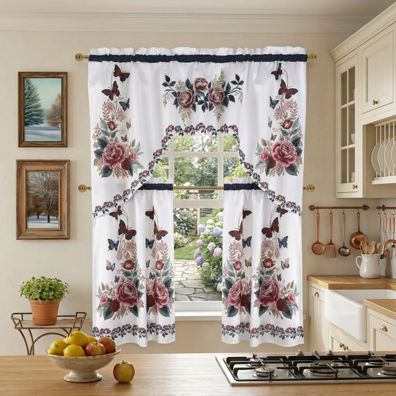 JUEGO DE CORTINAS PARA COCINA ESTAMPADAS PACK DE 3 PIEZAS - 1