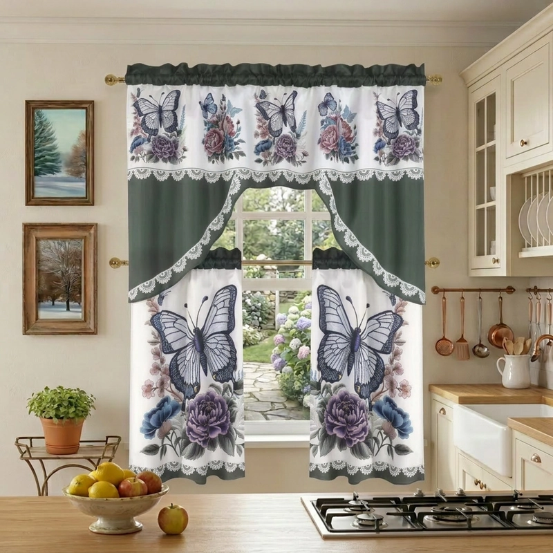 JUEGO DE CORTINAS PARA COCINA ESTAMPADAS PACK DE 3 PIEZAS - 1