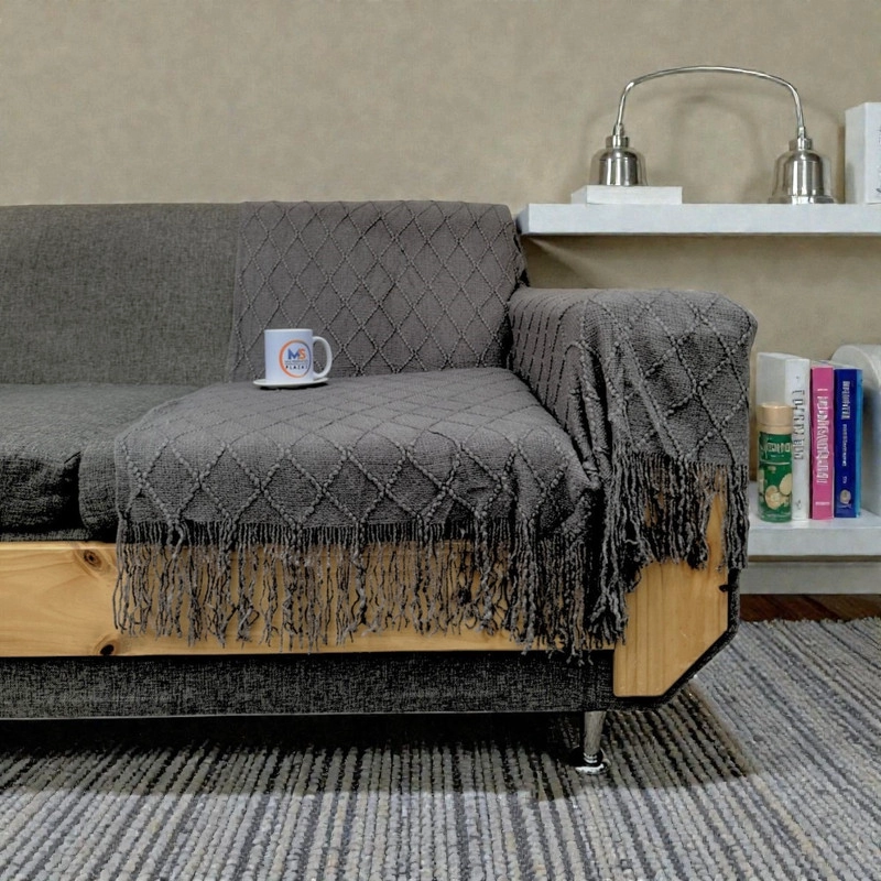 MANTA DECORATIVA TEJIDA CON FLECOS 100% ACRILICO MEDIDA 130X180CM COLOR GRIS - 1