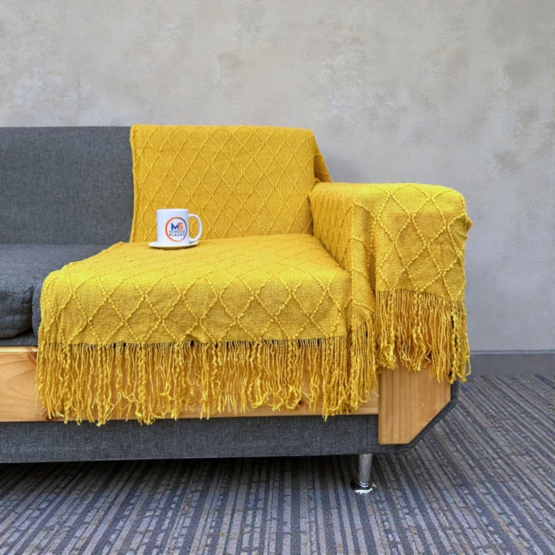 MANTA DECORATIVA TEJIDA CON FLECOS 100% ACRILICO MEDIDA 130X180CM COLOR AMARILLO - 1