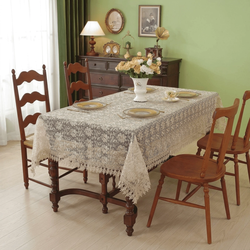 MANTEL DE MESA RECTANGULAR 140X200CM ESTILO BOHEMIO CON ENCAJE - 1