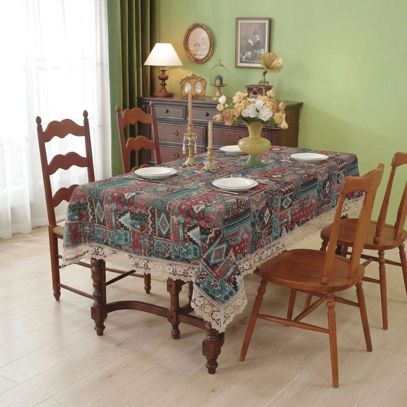 MANTEL DE MESA RECTANGULAR 140X200CM ESTILO BOHEMIO CON ENCAJE - 1