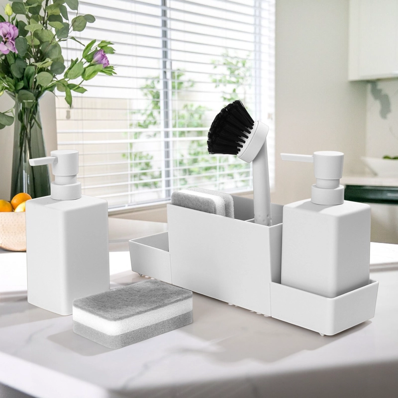 DISPENSADOR DE DETERGENTE DOBLE PORTA ESPONGA + CEPILLO PARA COCINA MATERIAL ABS RESISTENTE - 1