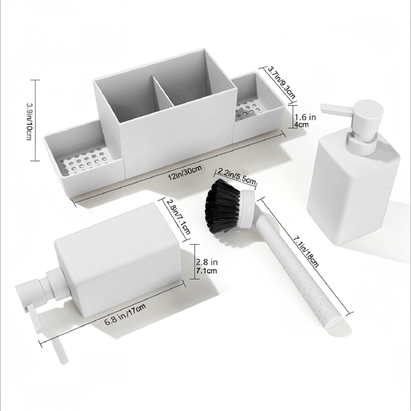 DISPENSADOR DE DETERGENTE DOBLE PORTA ESPONGA + CEPILLO PARA COCINA MATERIAL ABS RESISTENTE - 2