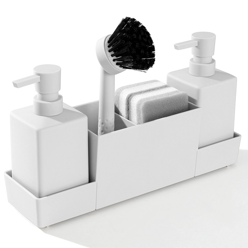 DISPENSADOR DE DETERGENTE DOBLE PORTA ESPONGA + CEPILLO PARA COCINA MATERIAL ABS RESISTENTE - 3